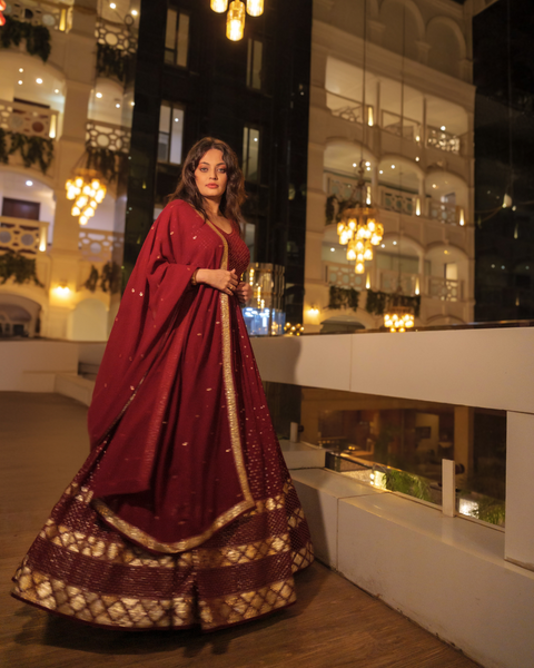 Berry Red Anarkali Suit featuring Sneha Lulla