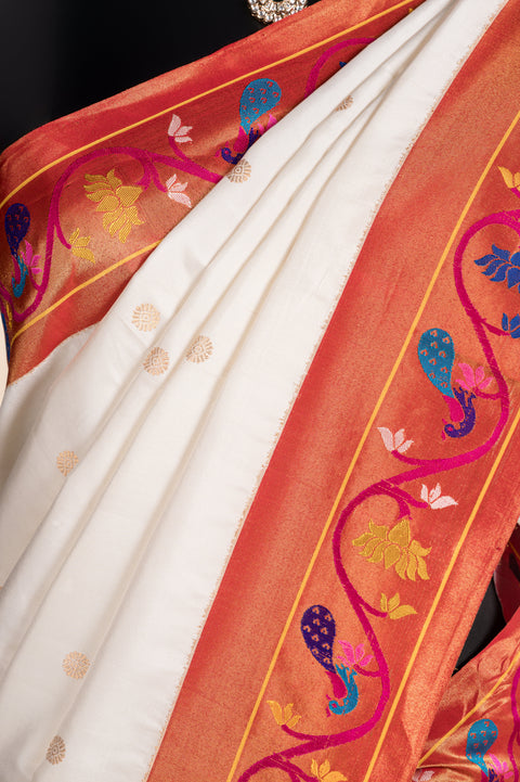 White Pure Silk Paithani Saree with Rudraksh Butta Peacock Border