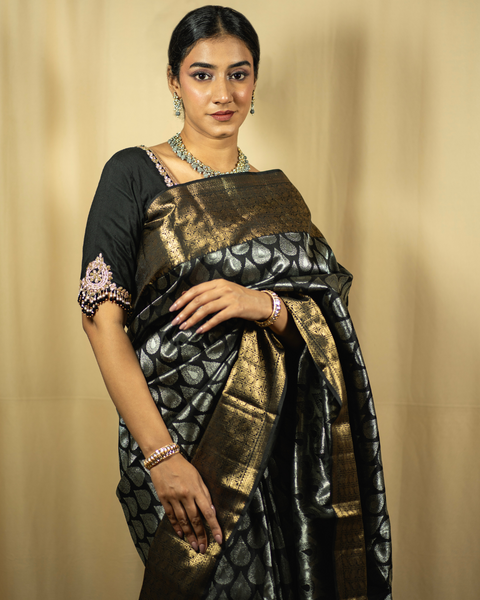 Black Kanjeevaram Silk Saree with Silk Zari Butties and Golden Border