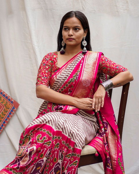 Pink Patola Saree with Brown Stripes and Patola Border