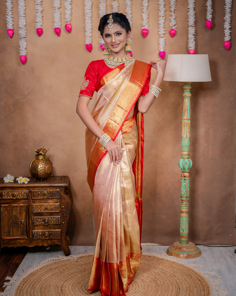 Beige Kanjeevaram Tissue Silk Saree with Zari Work and Red Border: Timeless Elegance