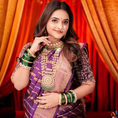 Purple Paithani Pure Silk Saree with Golden Zari Strips: A Regal Masterpiece