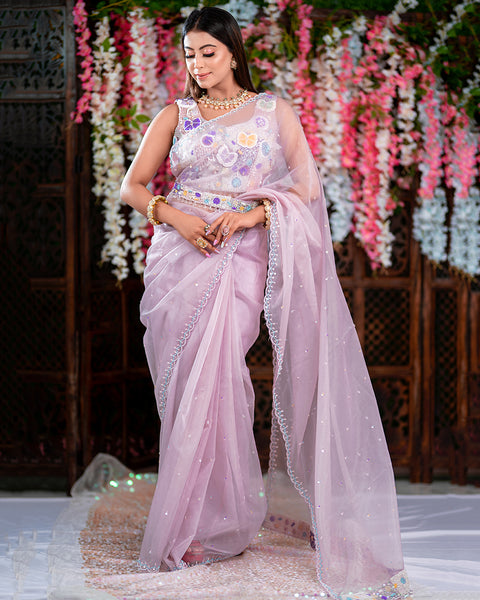 Baby Pink Organza Saree with Heavy blouse and belt