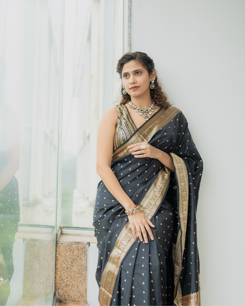 Black Banarasi Saree with Silver Zari Work Featuring Beautiful Yogita Chavan