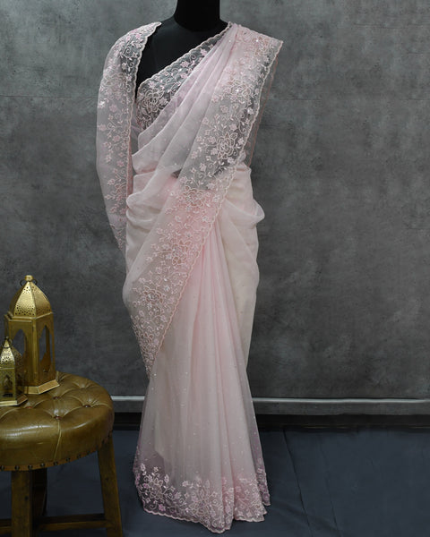 Baby Pink Tissue Organza with moti work Designer Saree