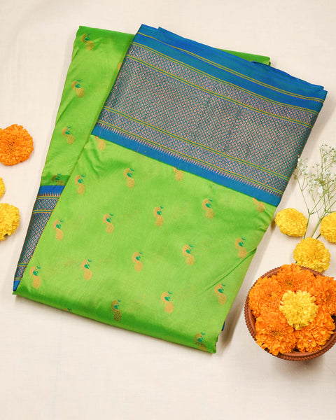 Parot Green Semi Silk Paithani Saree with Contrast Border