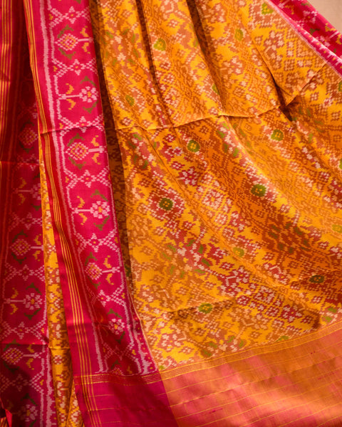 Dark Pink with Mustard Patola Pure Silk Saree