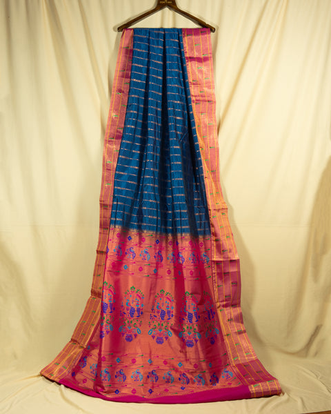 Royal Blue Stripes Semi Silk Paithani Saree with Rani Pink Zari Border