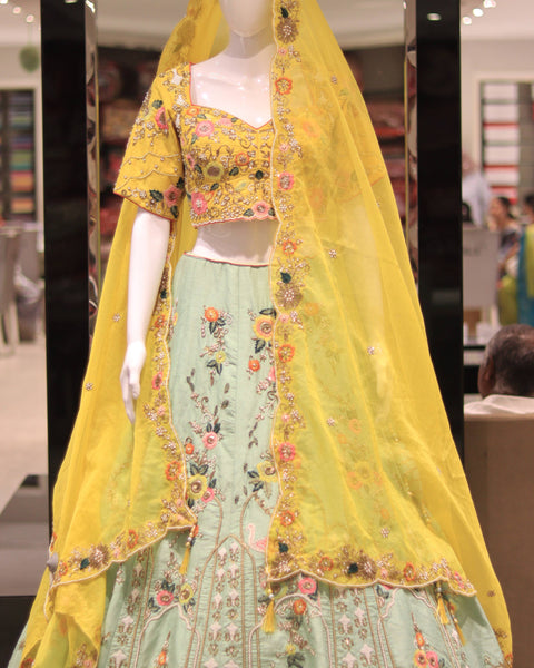 Pastel Green and Yellow Raw Silk Bridal Lehenga