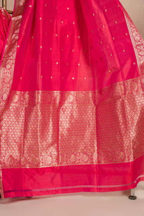 Hot Pink Pure Silk Banarasi Nauvari 9 yard Saree with Tilgul Butta