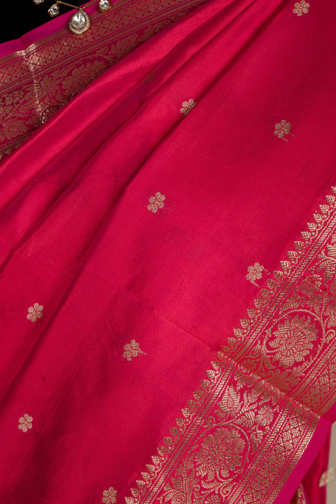 Hot Pink Pure Silk Banarasi Nauvari 9 yard Saree with Tilgul Butta