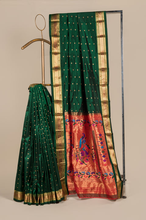 Bottle Green Pure Silk Gandharv Nauvari 9 Yard Saree with Tilgul Butta