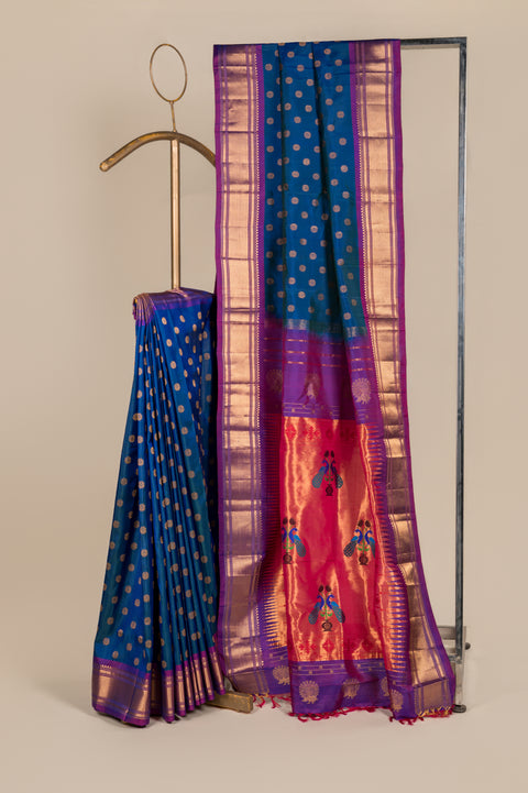 Blue Kalanjali Nauvari 9 yard Pure Silk Saree with Rudraksh Butta
