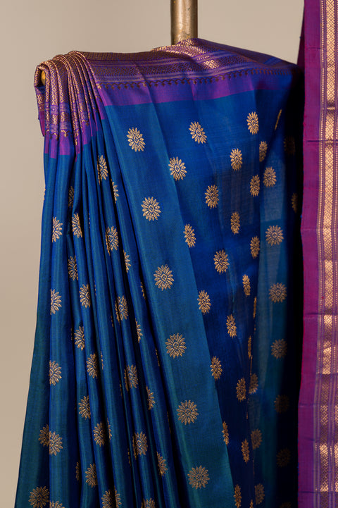 Blue Kalanjali Nauvari 9 yard Pure Silk Saree with Rudraksh Butta