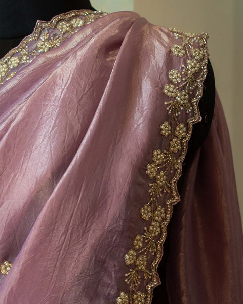 Onion Pink Semi Organza Designer Saree with Cut Dana and Moti Work
