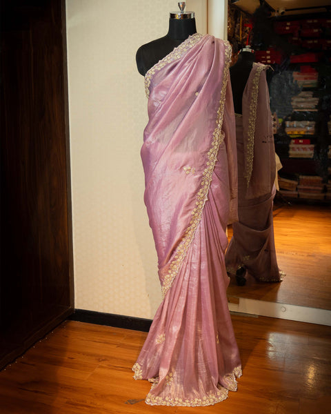 Onion Pink Semi Organza Designer Saree with Cut Dana and Moti Work