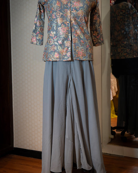 Elegant Grey Indo-Western Outfit with Palazzo and Floral Print Jacket