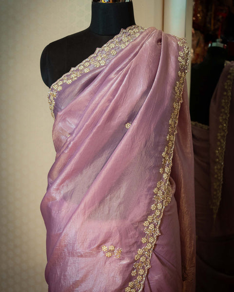 Onion Pink Semi Organza Designer Saree with Cut Dana and Moti Work