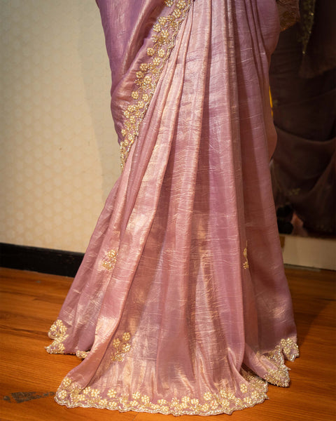 Onion Pink Semi Organza Designer Saree with Cut Dana and Moti Work