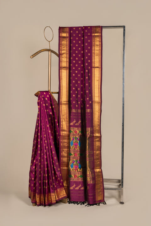Wine Kalanjali Nauvari Handwoven 9 yard Saree in Pure Silk