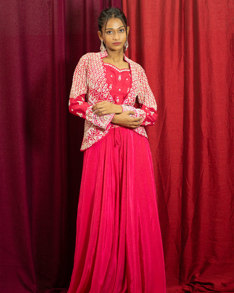 Rani Pink Three-Piece Indo-Western with Pearl Work Jacket