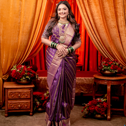 Purple Paithani Pure Silk Saree with Golden Zari Strips: A Regal Masterpiece