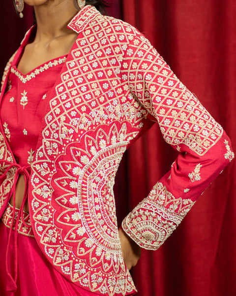 Rani Pink Three-Piece Indo-Western with Pearl Work Jacket