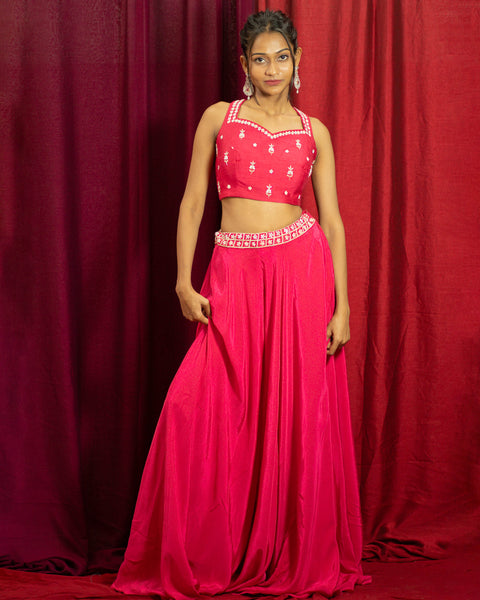 Rani Pink Three-Piece Indo-Western with Pearl Work Jacket