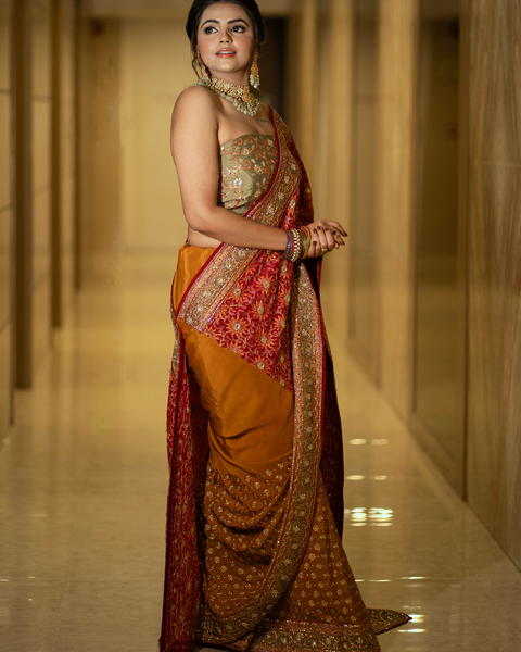 Red Bridal Saree in Crepe Fabric with Mustard Accents and Heavy Thread Work