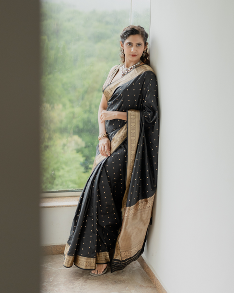 Black Banarasi Saree with Silver Zari Work Featuring Beautiful Yogita Chavan