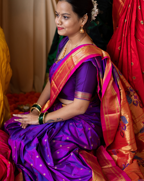 Purple Pure Silk Paithani with Contrasting Pink Traditional Border and Pallu