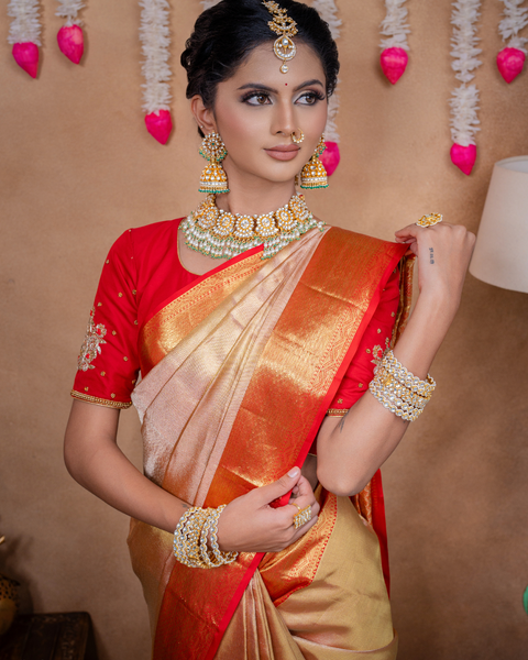 Beige Kanjeevaram Tissue Silk Saree with Zari Work and Red Border: Timeless Elegance