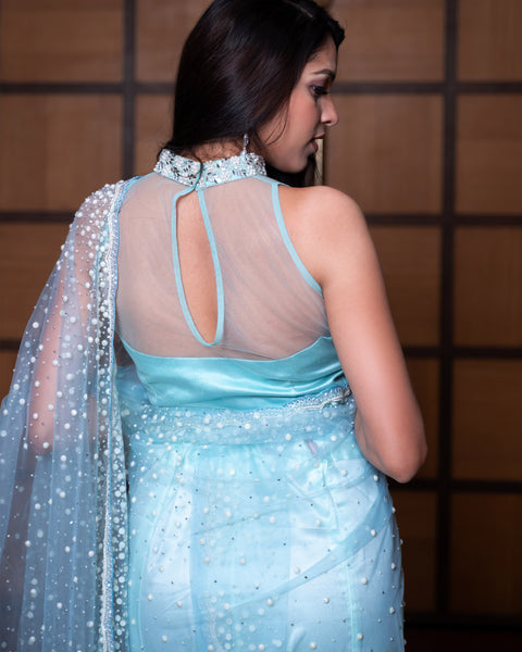 Sky Blue Korean Net Designer Saree with White Moti Work - The Vivaah Edit Cocktail Special