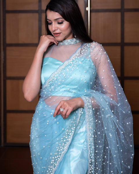 Sky Blue Korean Net Designer Saree with White Moti Work - The Vivaah Edit Cocktail Special