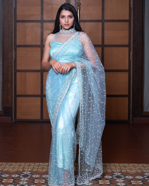 Sky Blue Korean Net Designer Saree with White Moti Work - The Vivaah Edit Cocktail Special