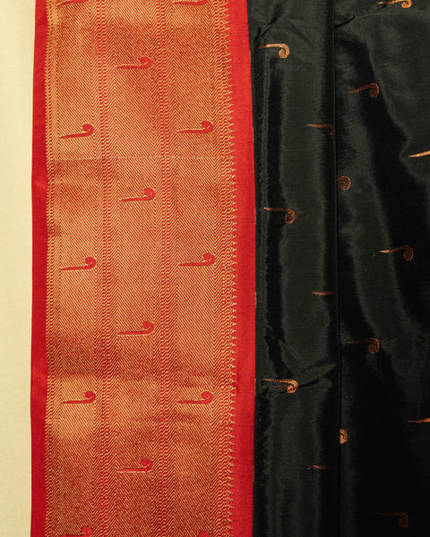 Black Saree With Red Border - Black Triple Munia Paithani Saree with Contrast Red Border and Munia Buttis