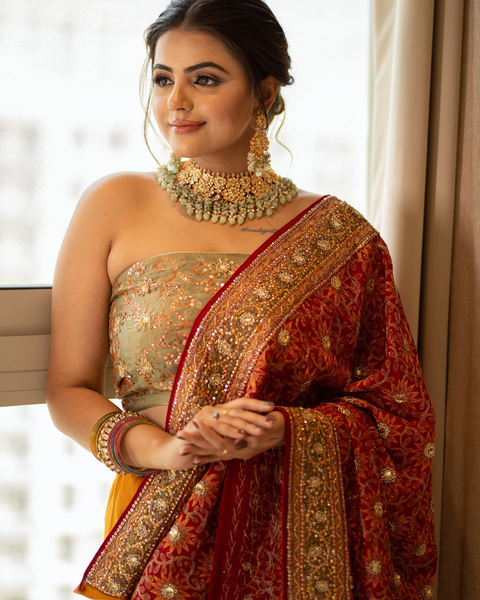 Red Bridal Saree in Crepe Fabric with Mustard Accents and Heavy Thread Work