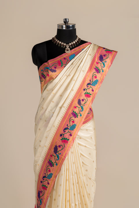 Cream Pure Silk Paithani Saree with Baby Pink Peacock Rudraksh Border