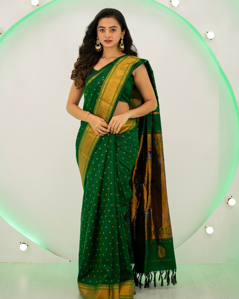 Bottle Green Paithani Saree with Traditional Border and Pallu featuring Helli Shah