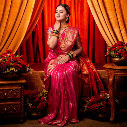 Pink Paithani Pure Silk Saree with Golden Zari Strips: A Timeless Treasure