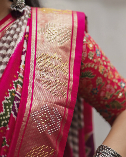 Pink Patola Saree with Brown Stripes and Patola Border