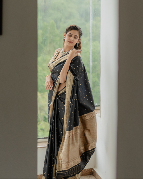 Black Banarasi Saree with Silver Zari Work Featuring Beautiful Yogita Chavan