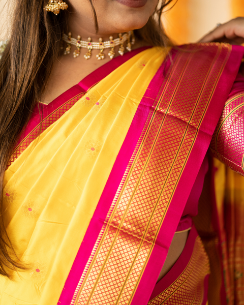 Yellow Pure Silk Paithani Saree with Contrasting Pink Traditional Border and Pallu
