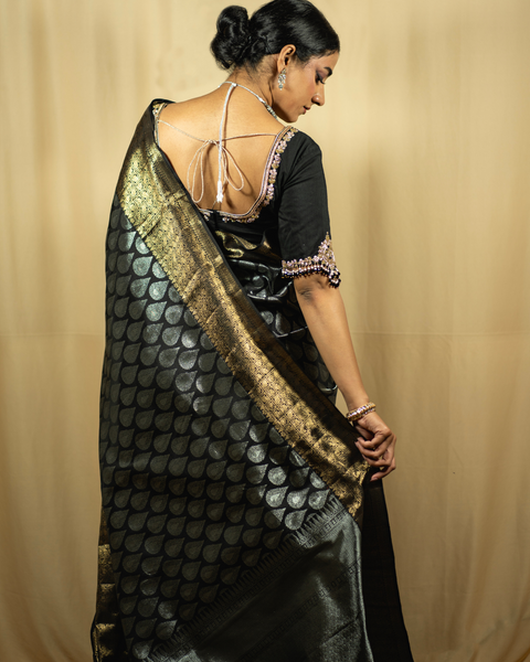 Black Kanjeevaram Silk Saree with Silk Zari Butties and Golden Border