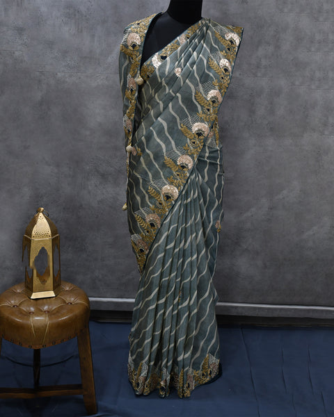 Grey Leheriya Crepe Designer Saree