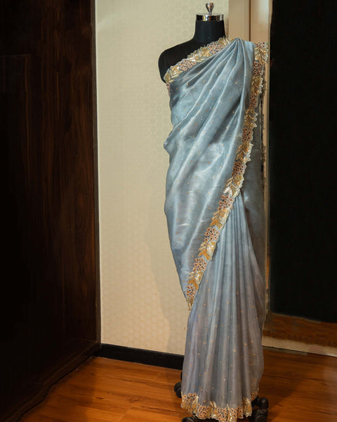 Aqua Blue Semi Organza Designer Saree with Cut Dana Work