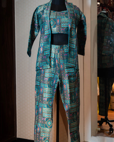 Aqua Blue Three-Piece Indo-Western Printed Outfit