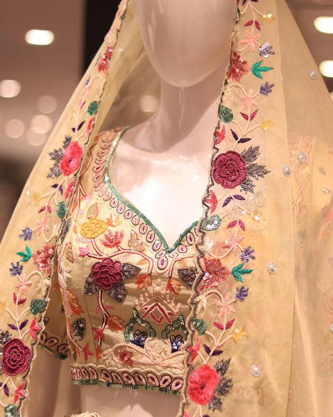 Light Yellow Raw Silk Bridal Lehenga – "Regal Garden Bloom"