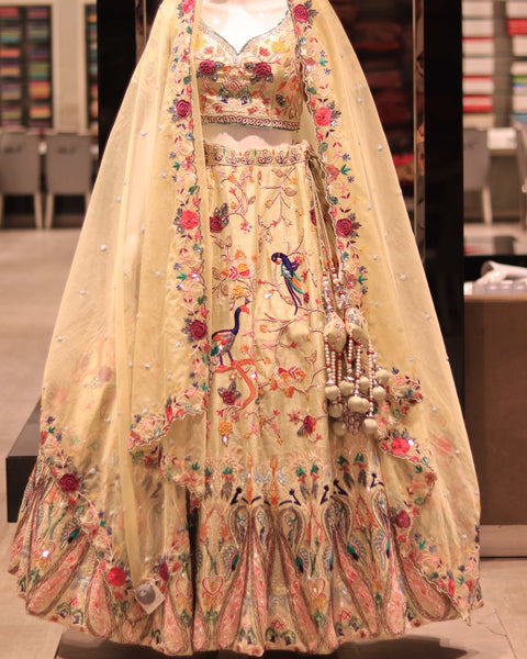 Light Yellow Raw Silk Bridal Lehenga – "Regal Garden Bloom"