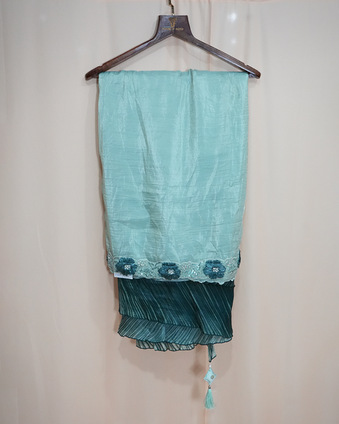 Aqua Blue Chinon Silk Saree with Embroidered Blouse